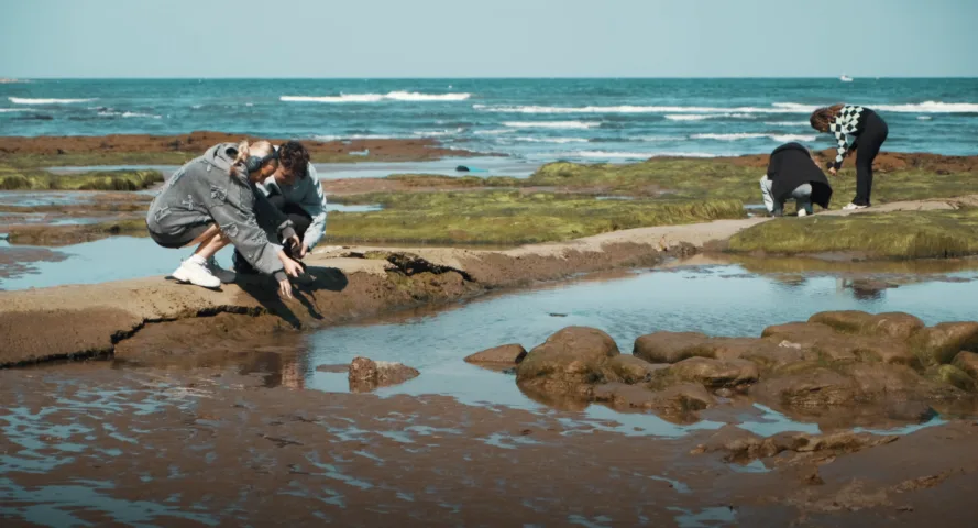 Young people looking closely into rock pools on the North Sea shoreline, wearing headphones and using sound recording devices