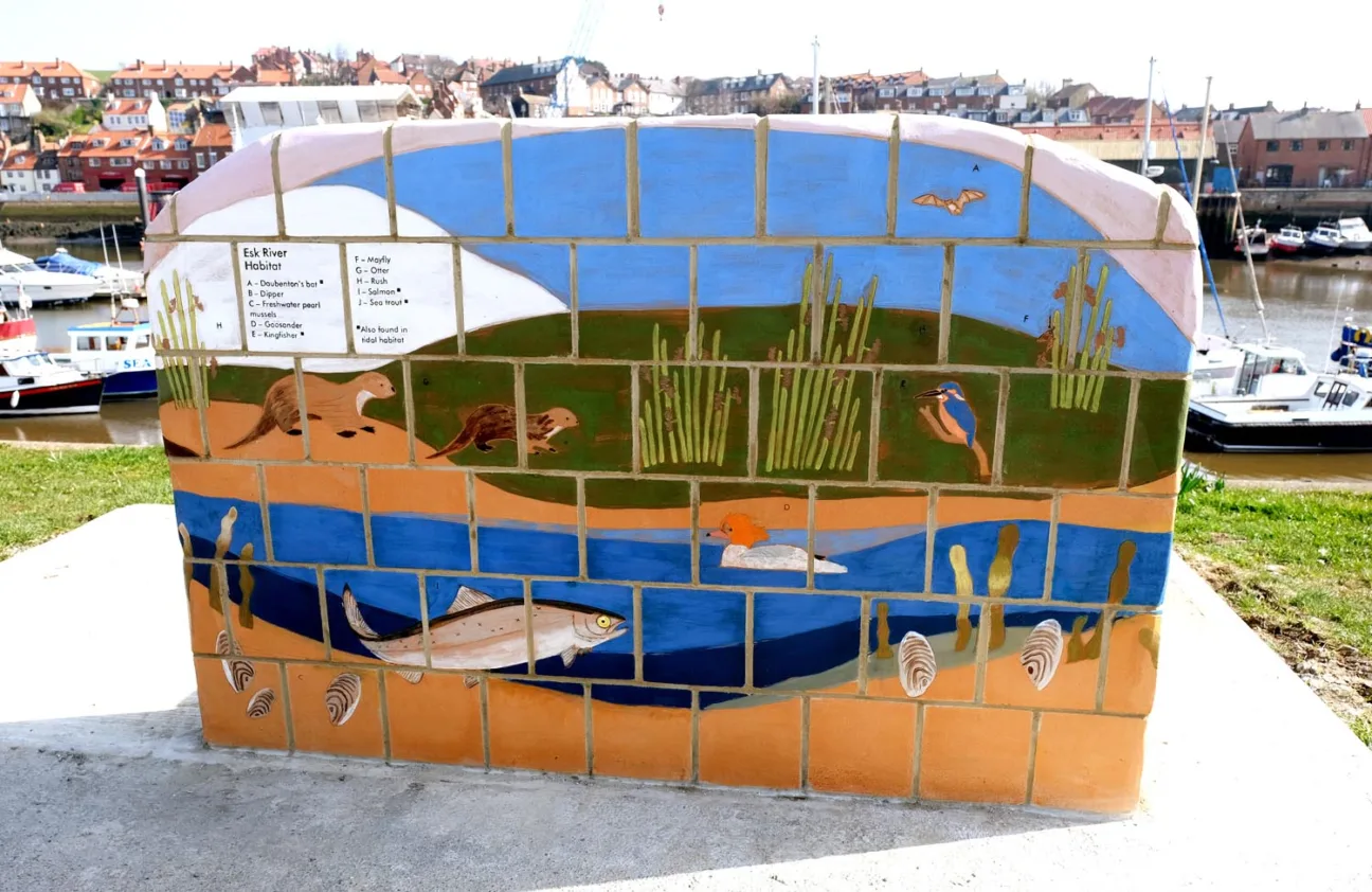 The back of a colourful ceramic bench, depicting estuary nature, including sea trout, otter, freshwater pearl mussels and kingfisher. Whitby Harbour in the background.